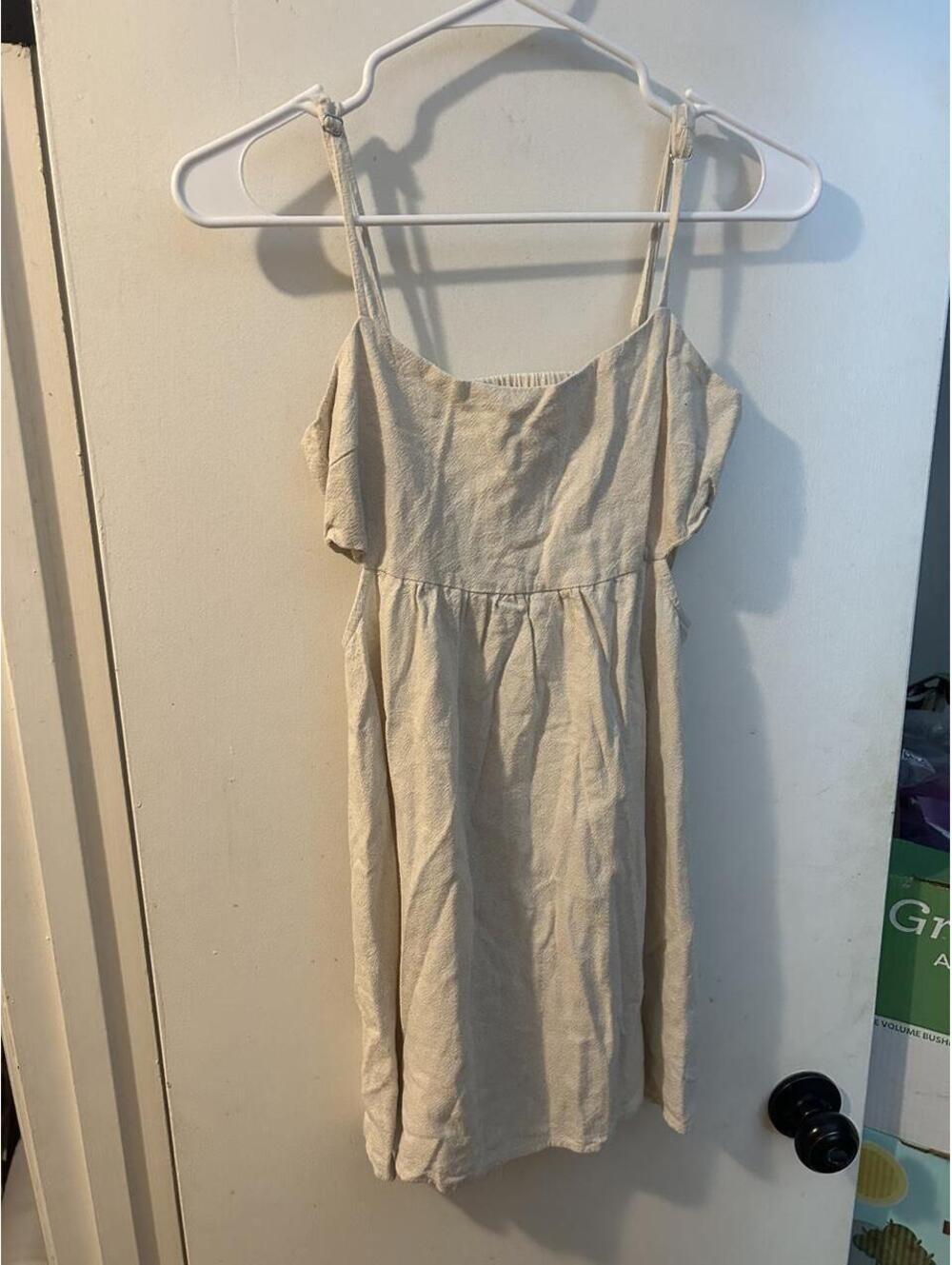 Forever 21 cream linen mini dress with open back, size S